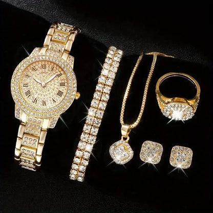 Montre-bracelet à quartz décontractée pour femmes, ensemble de 6 pièces, cadran romain, design de marque de luxe, montre pour femmes