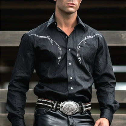 Western Cowboy Flower Printed Long Sleeve Shirt for Spring and Summer Comfortable Soft Fabric Party Men's Collar Shirt
