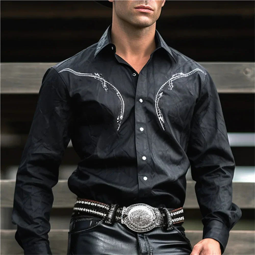 Western Cowboy Flower Printed Long Sleeve Shirt for Spring and Summer Comfortable Soft Fabric Party Men's Collar Shirt