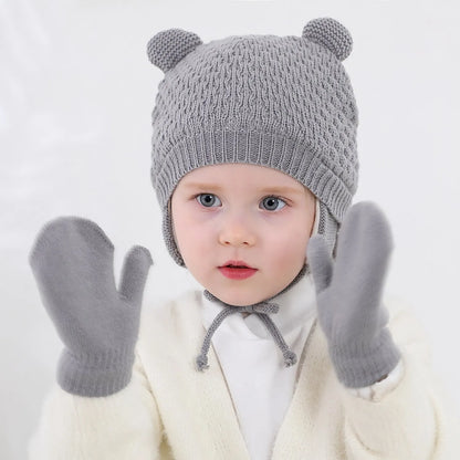 Ensemble de gants et bonnets en tricot pour bébé, protection des oreilles pour bébé, bonnet pour tout-petit, document solide, mignon, guerre en plein air, filles et garçons, automne et hiver, 2 pièces