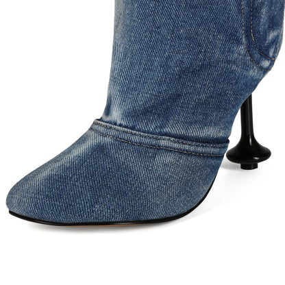 European and American Alien and Square Head Splicing Design Water Washed Cowboy Boots for Women's Trendy Side Zipper Short Boots