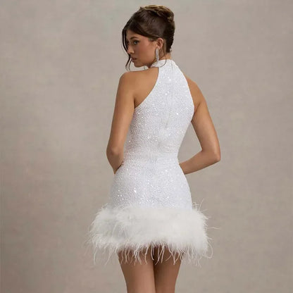Robe élégante en Patchwork de plumes et de paillettes, col licou, sans manches, épaules dénudées, taille cintrée, Slim, Robe de soirée pour dames