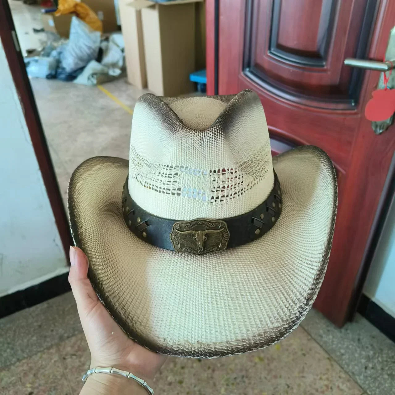 Hand-painted Western Cowboy hat Bronze green hat for men women Large Brim stiff straw hat summer sombrero vaquero hombreковбойс