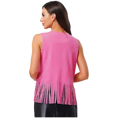 Women's 70s Disco Hippie Cowgirl Tassel Faux Suede Vest Tank Top