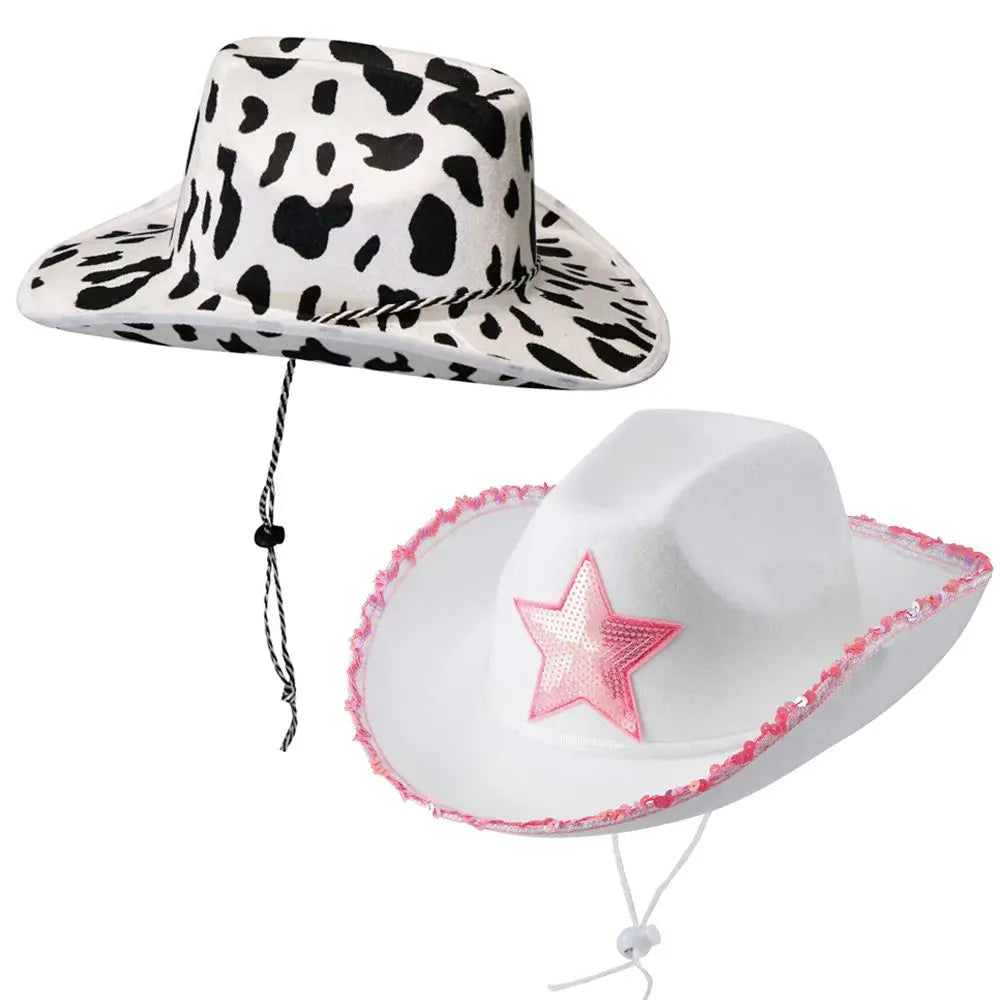Chapeau de Cowgirl blanc étoile rose, garniture à paillettes, frange, chapeau de Cowboy réglable, cordon de serrage au cou, Costume de jeu de fête