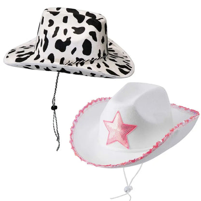 Chapeau de Cowgirl blanc étoile rose, garniture à paillettes, frange, chapeau de Cowboy réglable, cordon de serrage au cou, Costume de jeu de fête