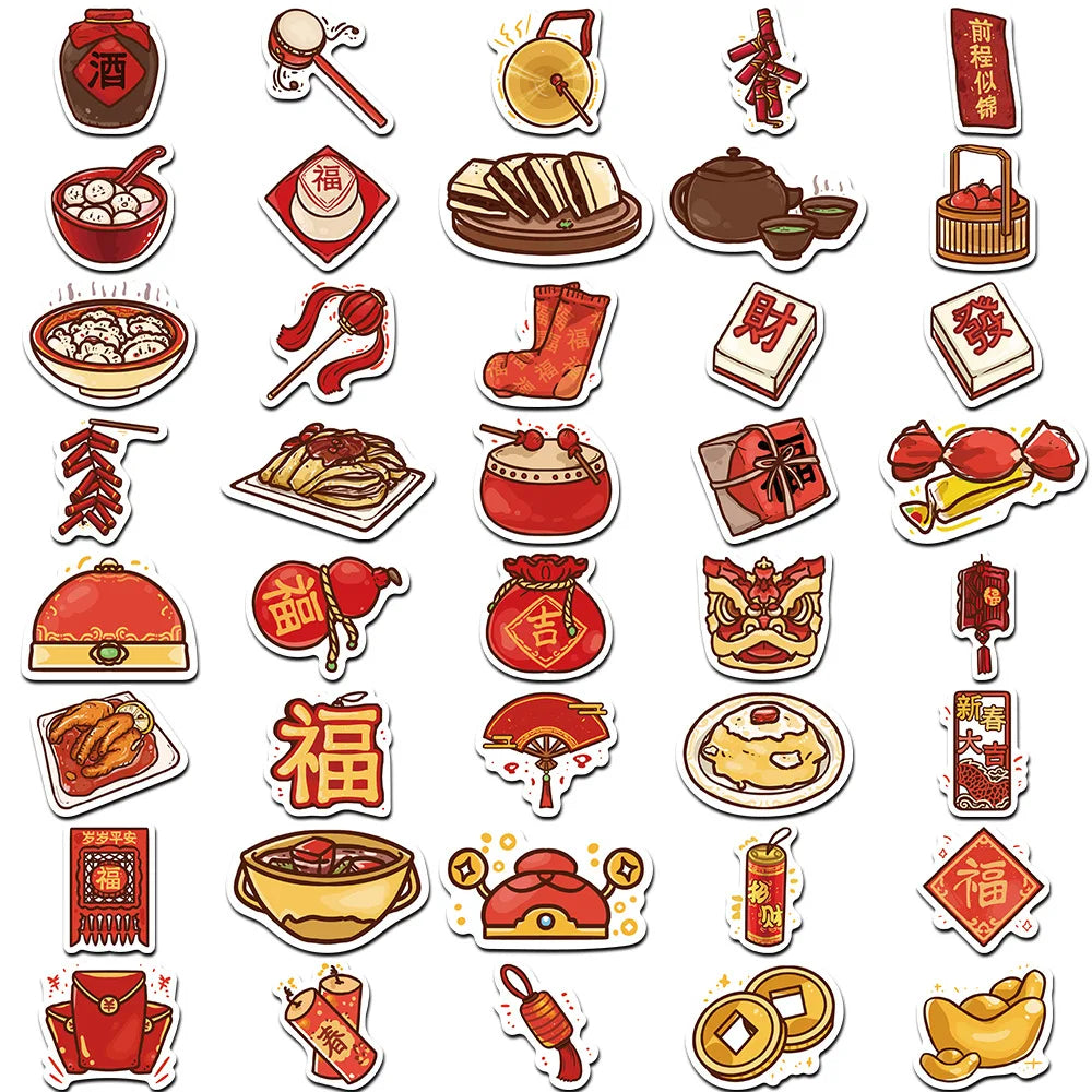 Autocollants de Style National de Dessin Animé, Nouvel An Chinois, pour Valise, Ordinateur Portable, Bagages, Téléphone, Voiture, DIY, 10/30/80 Pièces