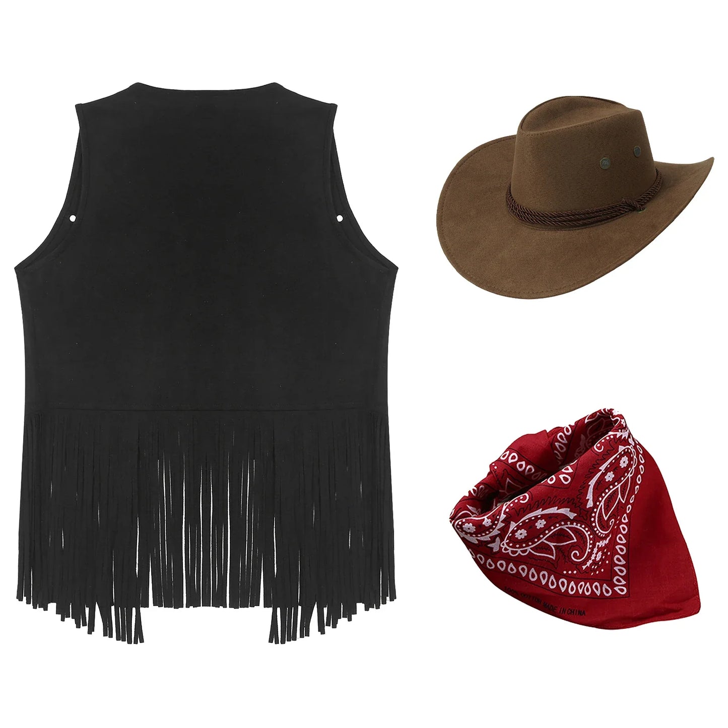 Women Cowboy Vest Halloween Party Western Cowgirl Cosplay Costume Faux Suede Tassel Fashion Rivets Waistcoat with Bandanna Hat