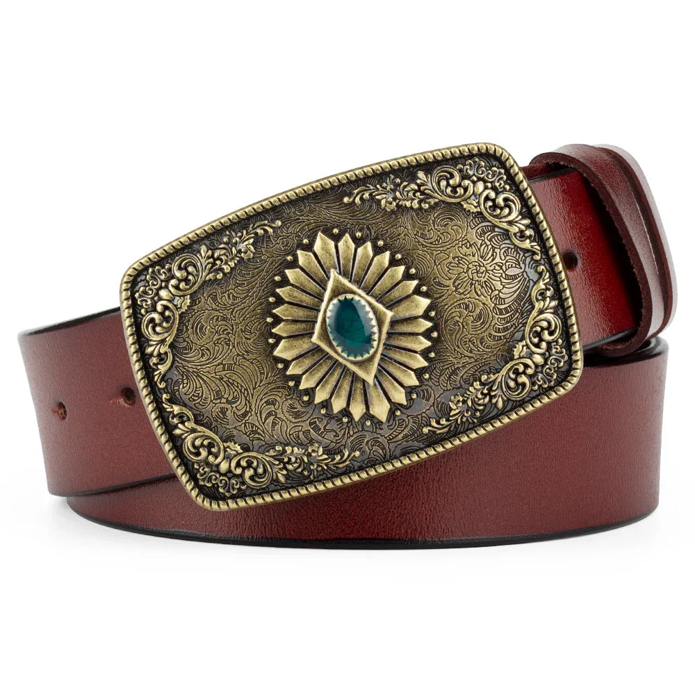 Ceinture classique en cuir véritable avec boucle émail saphir et motif floral sculpté en argent pour femmes et hommes, cadeau