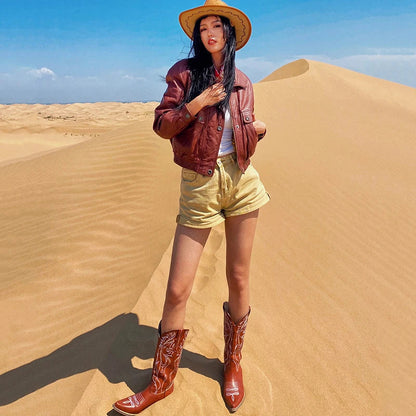 Women's boots genuine leather embroidery knee-length western cowboy boots high heels retro all-match knight fashion boots