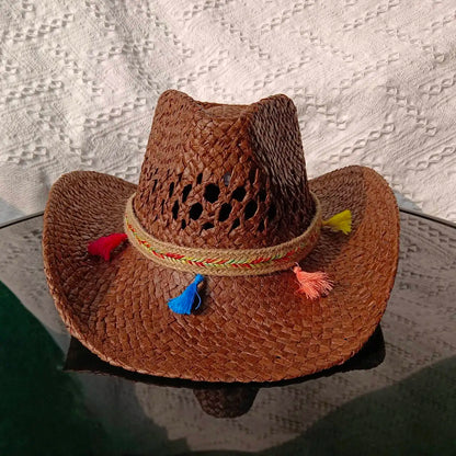 Chapeau de paille de cowboy vert matcha, tissé à la main, creux, pour hommes et femmes, chapeau de soleil d'été, chapeau de paille de cowboy occidental