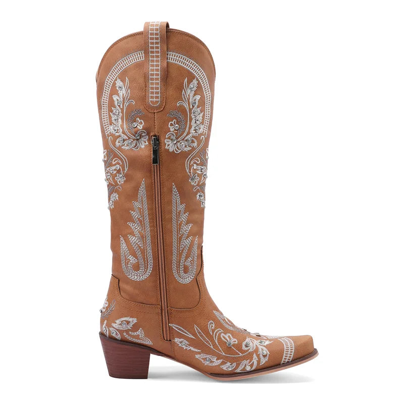 Bottes de cowboy occidentales au genou pour femmes, broderie de fleurs, biscuits, blanc, marron, rond, Parker, talons hauts, rétro, bottes longues de cowgirl