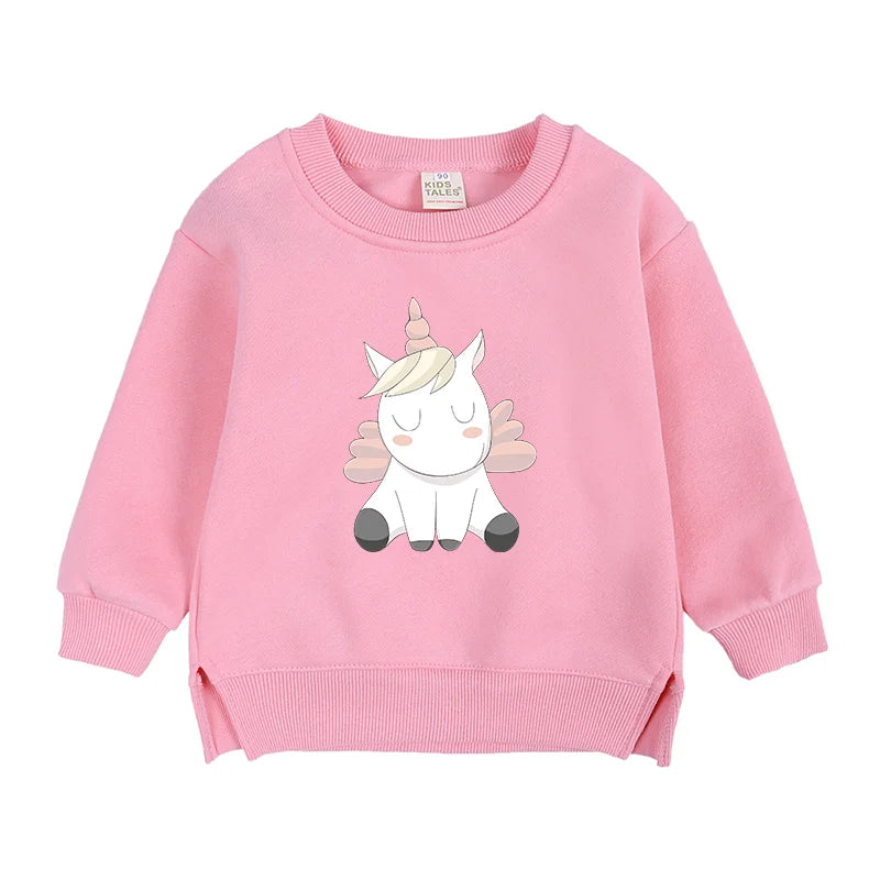 2024 Sweat-shirt polaire Licorne pour enfants, automne, 6 mois-7 ans, col rond, dessin animé, vêtements pour adolescents, garçons et filles, tenues de sport décontractées, costume