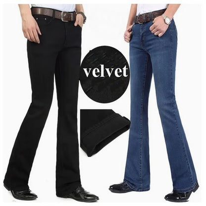 Men's Flared Jeans For Winter Thick Mid High Waist Slim Bell-bottoms Pants Elastic Fared Denim Trousers Size 26-40