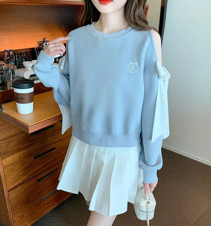 Sweat-shirt à épaules dénudées pour femmes, mode Harajuku, vêtements pour jeunes, Sport essentiel, nouveau, basique, bleu, hauts pull pour femmes