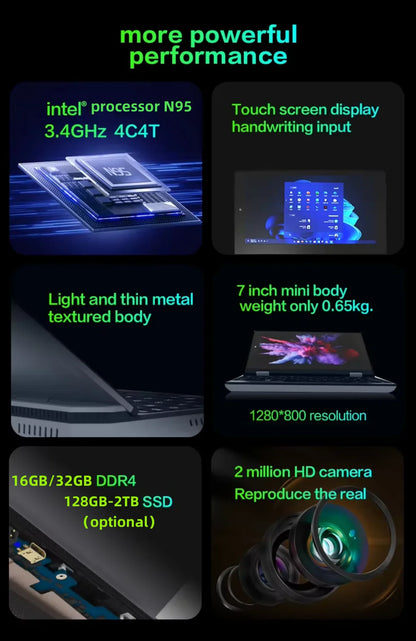 7 inch Mini Laptop Intel Procesador N95 16G RAM 256GB SSD With Touch Screen Pocket Netbook Windows 11 Notebook Pc Portable