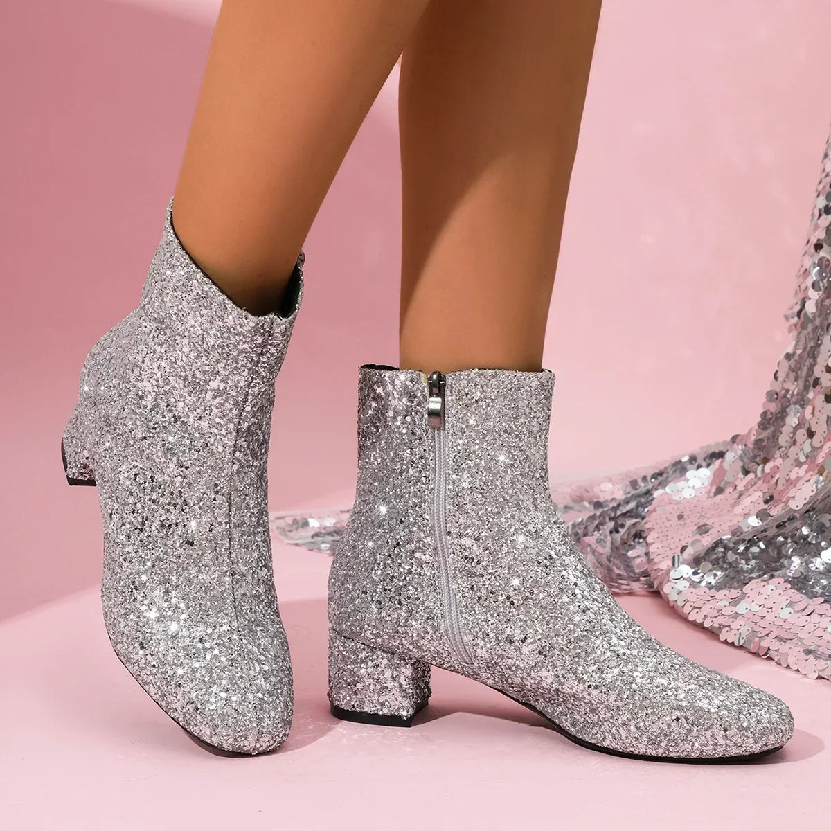 Bottes pour femmes 2024 Nouvelle mode Paillettes Bout rond Bottines femmes Automne Hiver Soirée Talons épais Chaussures pour femmes Botas De Mujer