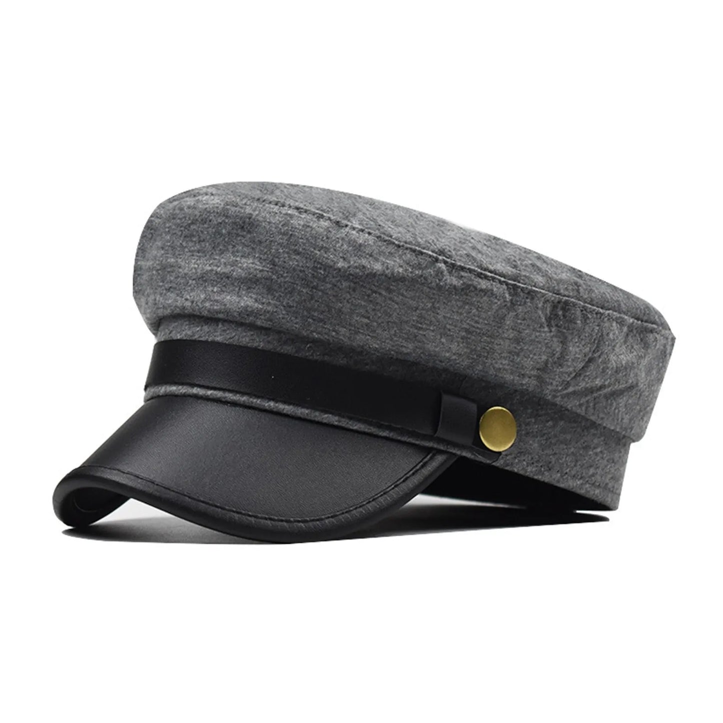 PU Leather Unisex Cycling Caps, Women Men Autumn Sailor Hat Black, Travel Student Hat, Flat Top Captain Hat