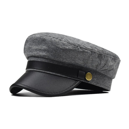 PU Leather Unisex Cycling Caps, Women Men Autumn Sailor Hat Black, Travel Student Hat, Flat Top Captain Hat