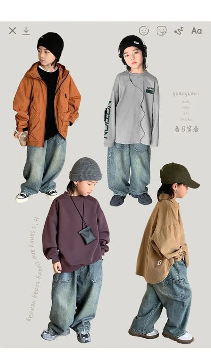 Korean Children's Denim Overalls Spring Autumn Casual Jeans Wide Denim Pants Wide Leg Jeans for Kids Loose Streetwear Trouser