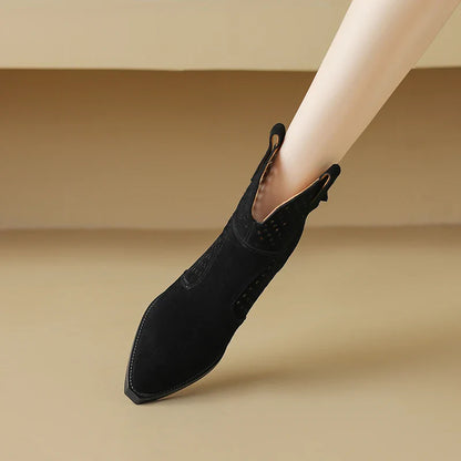 2025 Spring Autumn Chelsea Boots for Woman Cow Suede Pointy Toe Wedge Heel Ankle Boots Cutouts Comfortable Cowboy Boots Female