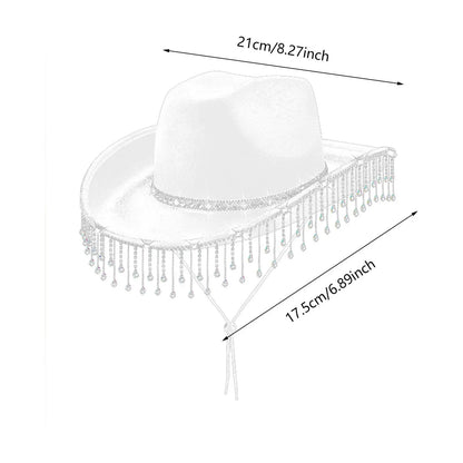 Chapeau de cowboy à large bord avec franges en strass pour femme, accessoire de fête, de cosplay, pour les fêtes, les spectacles en plein air