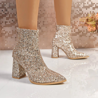 Bottes Femme 2025 Nouvelle Mode Paillettes Bout Rond Bottines Femme Automne Hiver Soirée Talons Épais Chaussures Femme Bottes De Mujer
