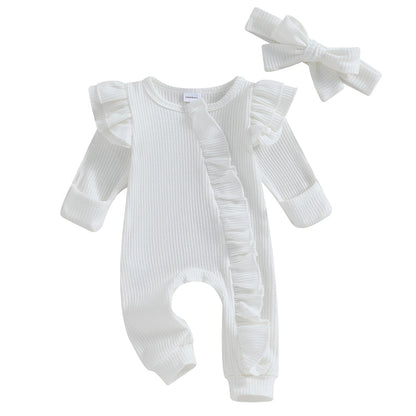 FOCUSNORM 0-12M Autumn Infant Baby Girls Boys Jumpsuit 2pcs Solid Color Round Neck Ruffles Long Flying Sleeve Zipper Jumpsuits