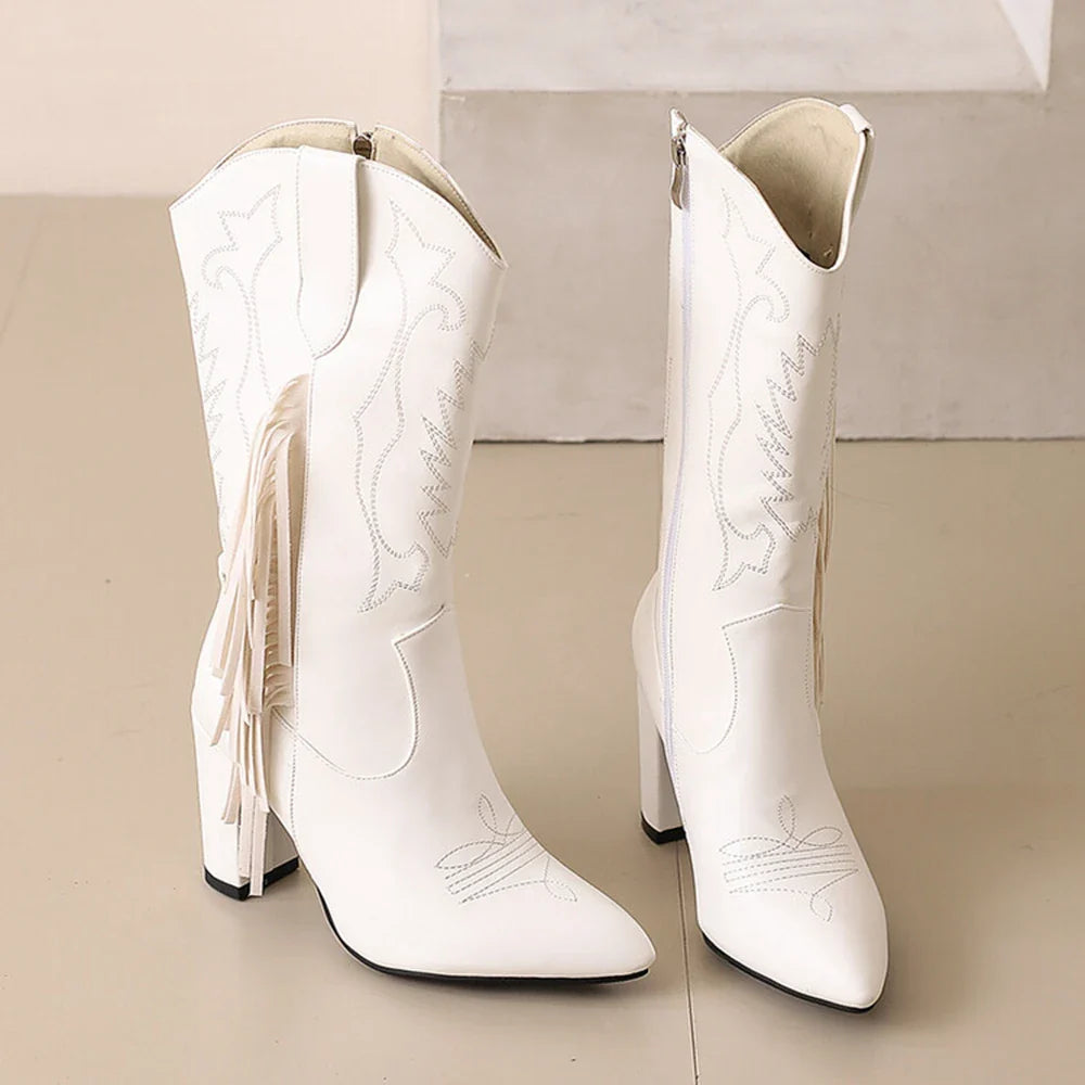 Botas De Mujer bottes De Cowboy occidentales brodées femmes mode pointu gland côté fermeture éclair genou bottes hautes chaussures gothiques 8508
