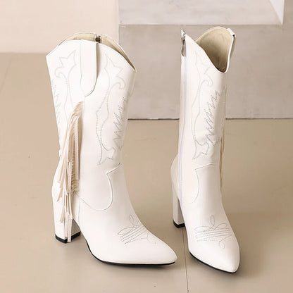 Botas De Mujer bottes De Cowboy occidentales brodées femmes mode pointu gland côté fermeture éclair genou bottes hautes chaussures gothiques 8508