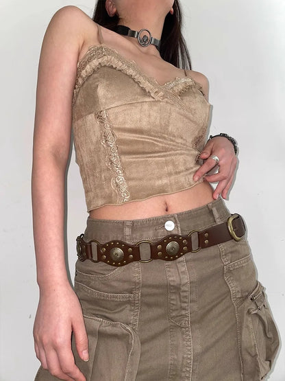 Ceinture de Cowboy occidentale pour femmes, nouvelle ceinture à rivets marron Vintage américain, ceinture en Denim polyvalente avec Style Ins, 2025
