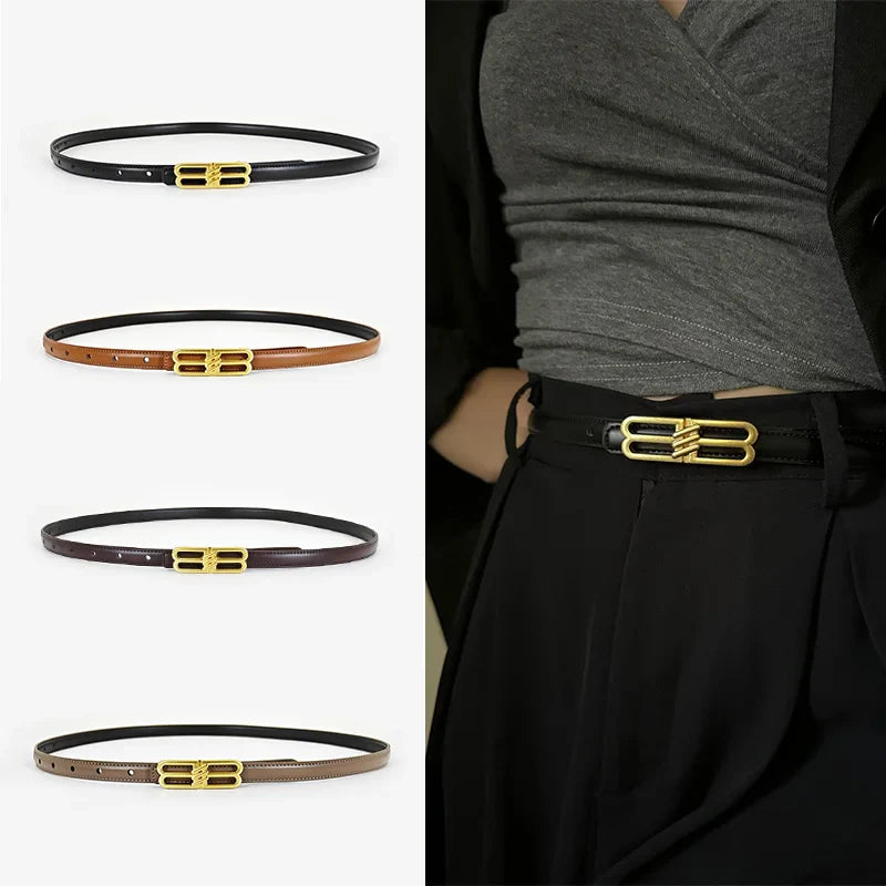 Women's genuine cowhide leather belt, luxury bb bucket, elegant design, denim belt, thin belt