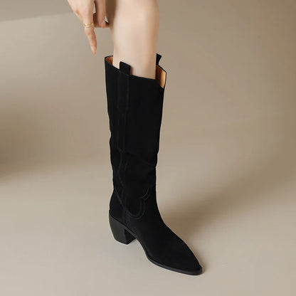 Bottes de Cowboy en Daim de Vache à Talons Hauts pour Femme, Style Vintage, Style Country Western, à la Mode, Automne Hiver