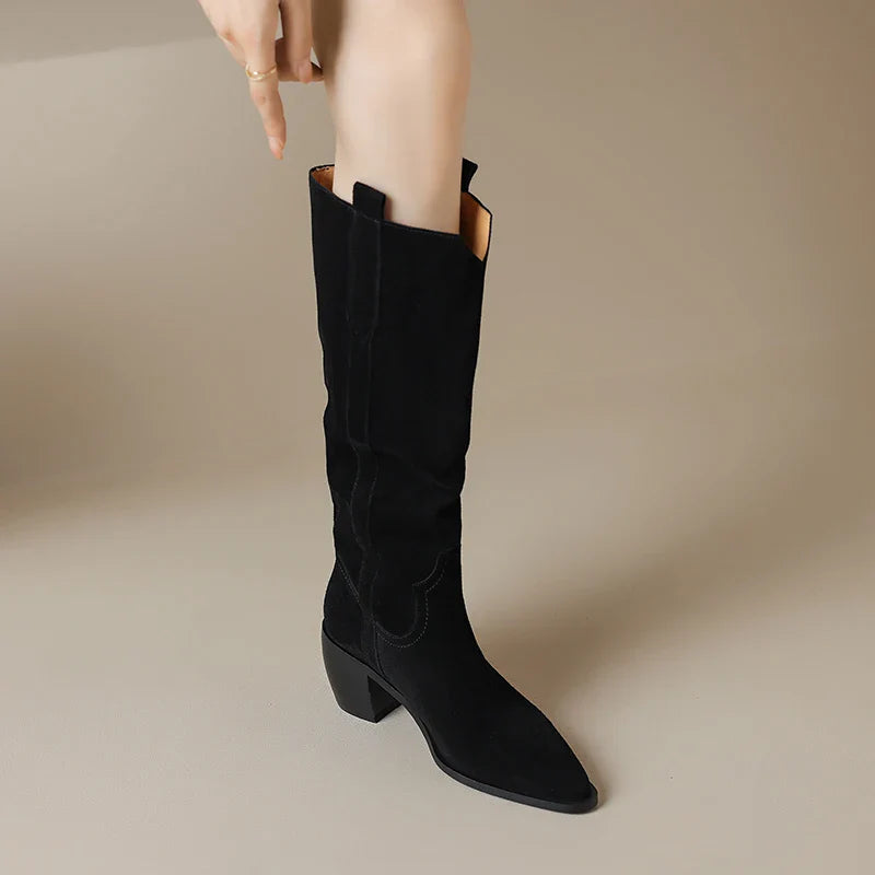 Bottes de Cowboy en Daim de Vache à Talons Hauts pour Femme, Style Vintage, Style Country Western, à la Mode, Automne Hiver