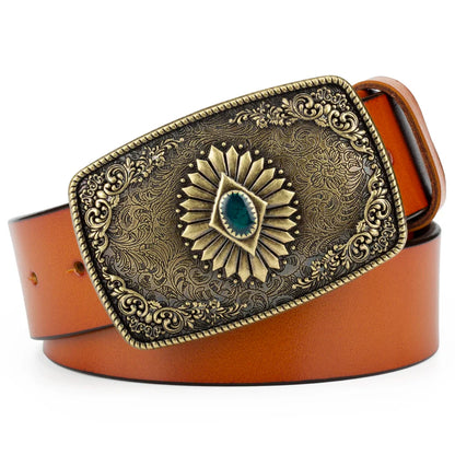 Ceinture classique en cuir véritable avec boucle émail saphir et motif floral sculpté en argent pour femmes et hommes, cadeau