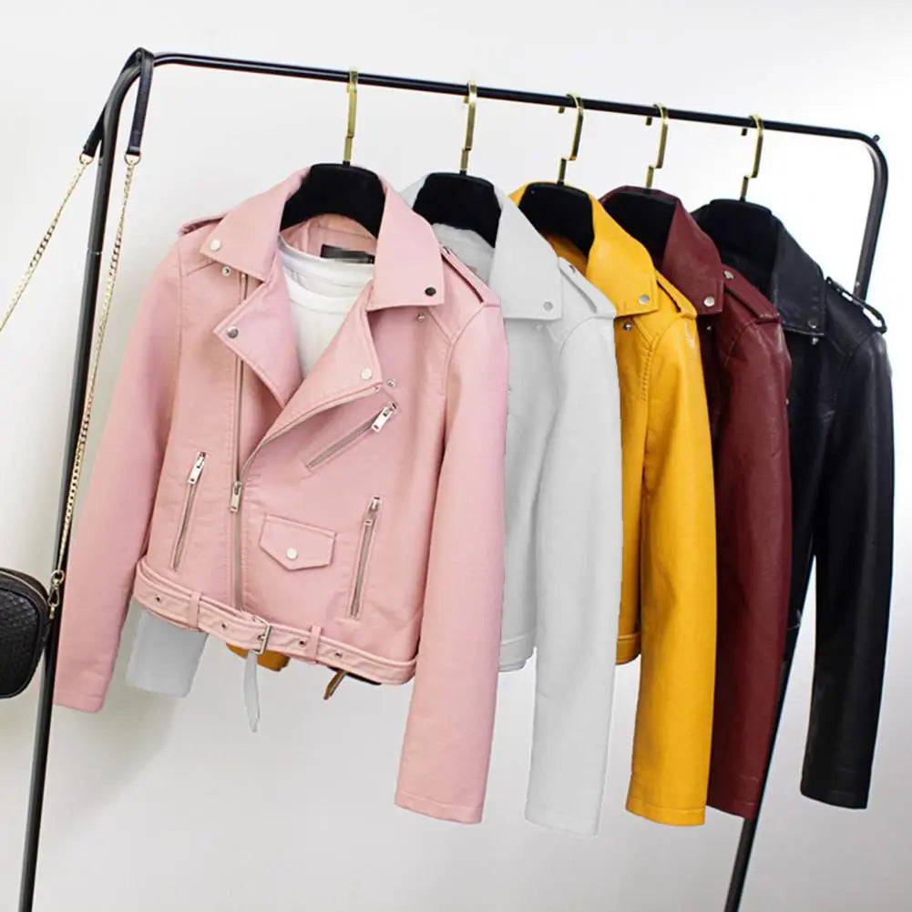 Women Faux Leather Jacket Turn-down Collar Zip-up Zipper Rivet Decor Motorcycle Coat Long Sleeves Female Outerwear Lady Clothing