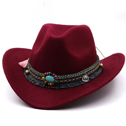 Western Cowboy Wool Hat with Pompom, Montana Sombrero Belt for Men and Women, Cowgirl, Solid Color, Jazz, Stylish Hollow Design for Lady