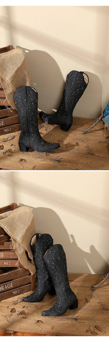 Women Embroidered White Western Cowboy Boots Block Heel Pull-On Pointed Toe Crystal Cowgirl Booties