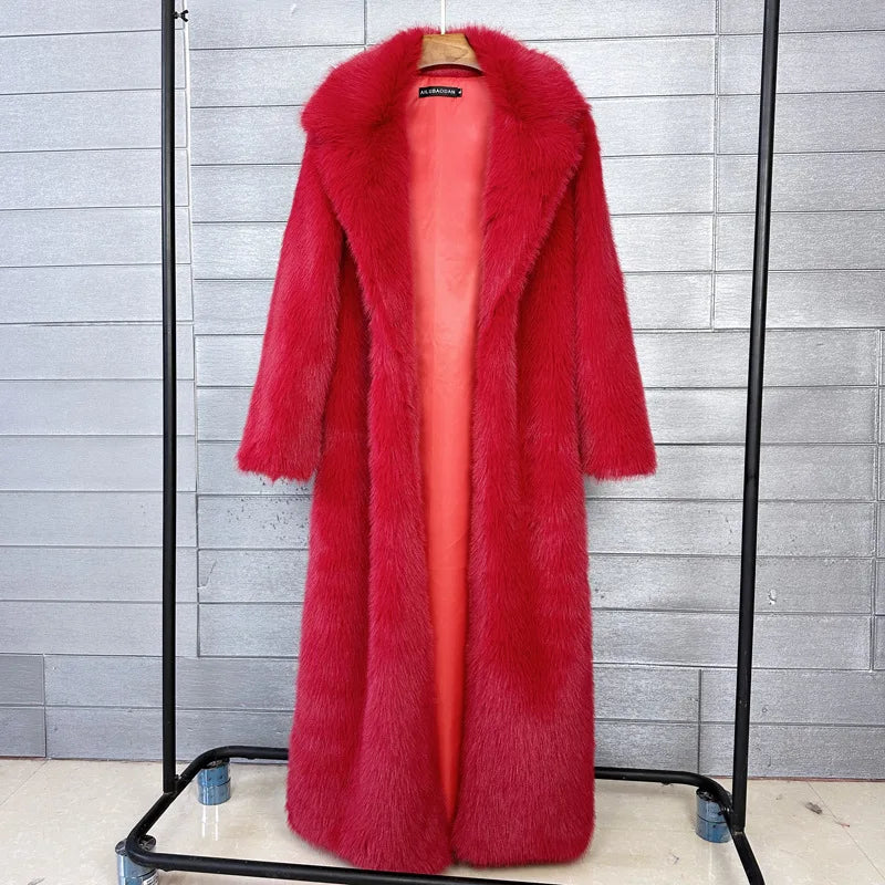 Manteau long en fausse fourrure pour femmes, automne hiver, grande taille, col rabattu blanc, poches, épais et chaud, manteau long maxi