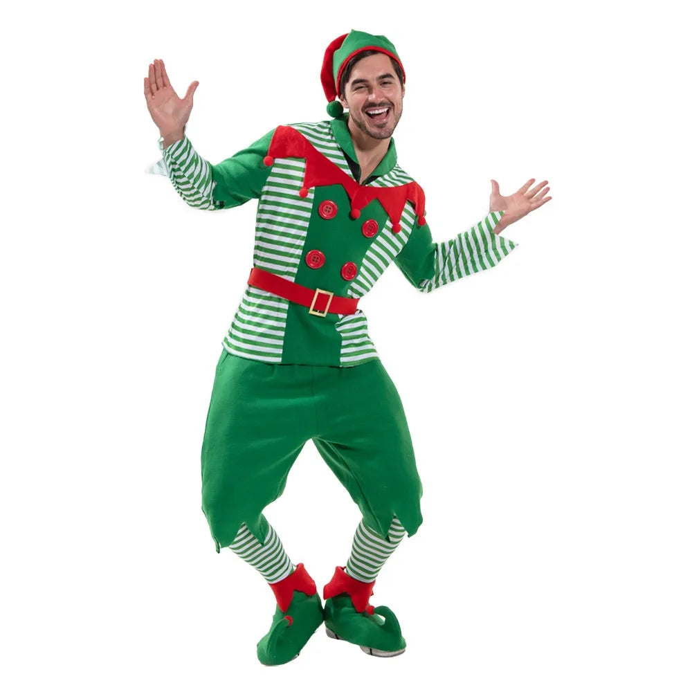 Christmas Santa Claus Costume Green Elf Cosplay Family Carnival Party Halloween Fancy Dress Clothes Set For Men