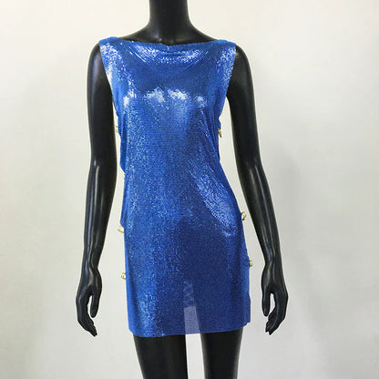 Shiny Y2k Metallic Sequins Mini Dresses For Women Sleeveless Backless Sexy Low Cut See Through Sexy Solid Clubwear Party Dress