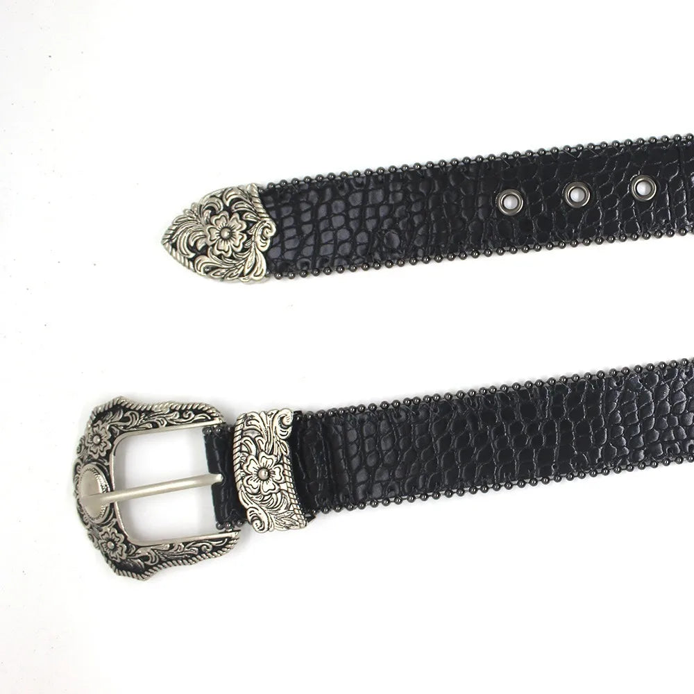 Western PU Leather Belt Western Cowboy Women Cowgirl Unisex Waist Belt with Metal Engraved Buckle
