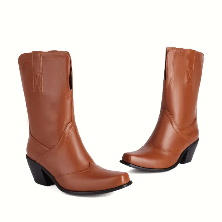Bottes western rétro noires mi-mollet pour femme à talons épais gothiques, grandes tailles 34-48 777-11