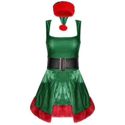 Femmes Sexy Vert Elfe Père Noël Costumes Cosplay Costume de Noël Carnaval Nouvel An Fête Performance Scénique Robe Fantaisie Combinaison