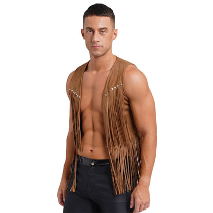 Men Halloween Western Cowboy Cosplay Costume Faux Suede Tassel Rivets Vest Waistcoat Motorcycling Rave Party Nightclub Outerwear