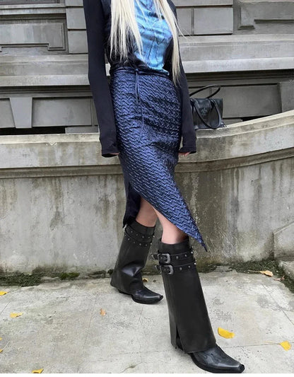 Autumn Cowboy Boots For Women Fashion Slip On Long Pipe Boots Female Square High Heel Trend Winter Footwear