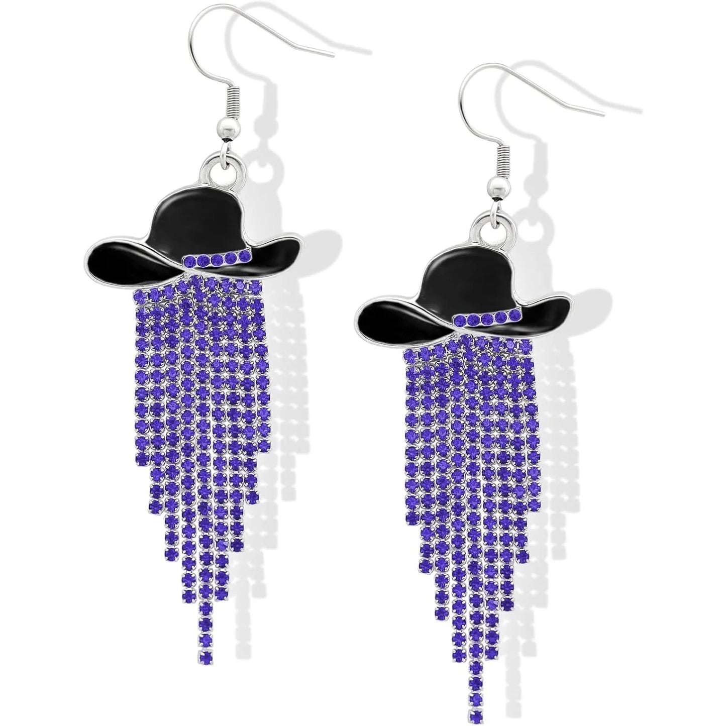 Boucles d'oreilles pendantes de cowgirl de l'Ouest, Chapeau en émail, Pendentif à pompon strass scintillant, Bijoux pour femmes pour bal, concerts country, rodéo, cow-boy