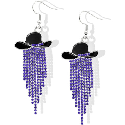 Boucles d'oreilles pendantes de cowgirl de l'Ouest, Chapeau en émail, Pendentif à pompon strass scintillant, Bijoux pour femmes pour bal, concerts country, rodéo, cow-boy