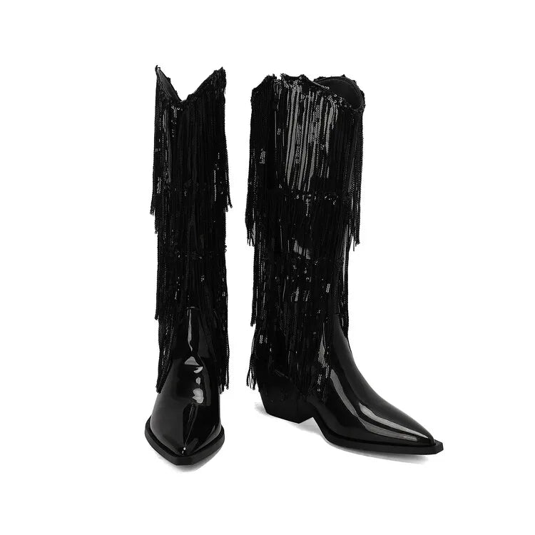Bottes western à sequins et pompons, noires et argentées, courtes, en peluche, automne/hiver, talon de 6,5 cm, style bohème, hauteur genou, pointures 36 a 46.