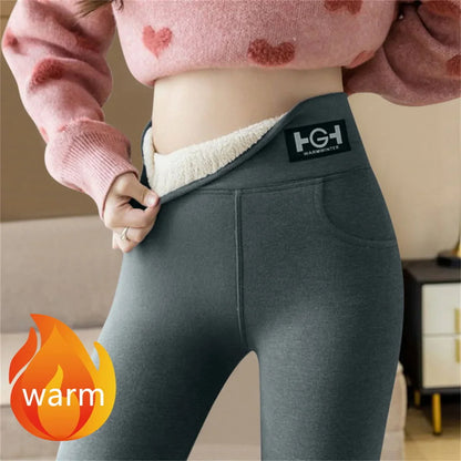 Hiver femmes Leggings solide chaud Leggings épaissir laine d'agneau taille haute polaire garder bout à bout haute extensible pantalon de marche poche